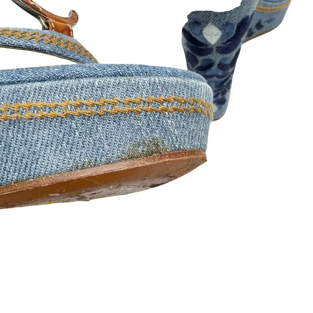 Christian Dior Galliano Denim Floral Embroidered CD Wedge Sandals Size 37
